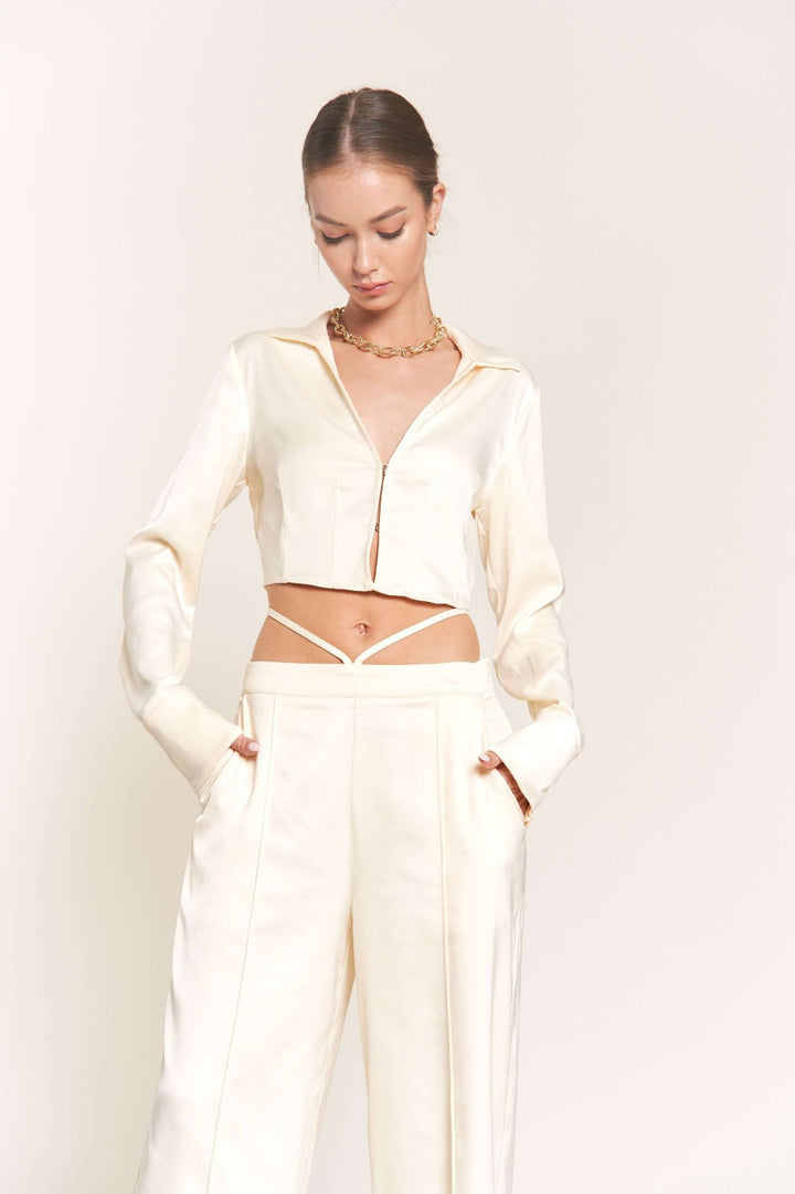 IVORY LONG SLEEVES CROP TOP AND PANTS SET T8723