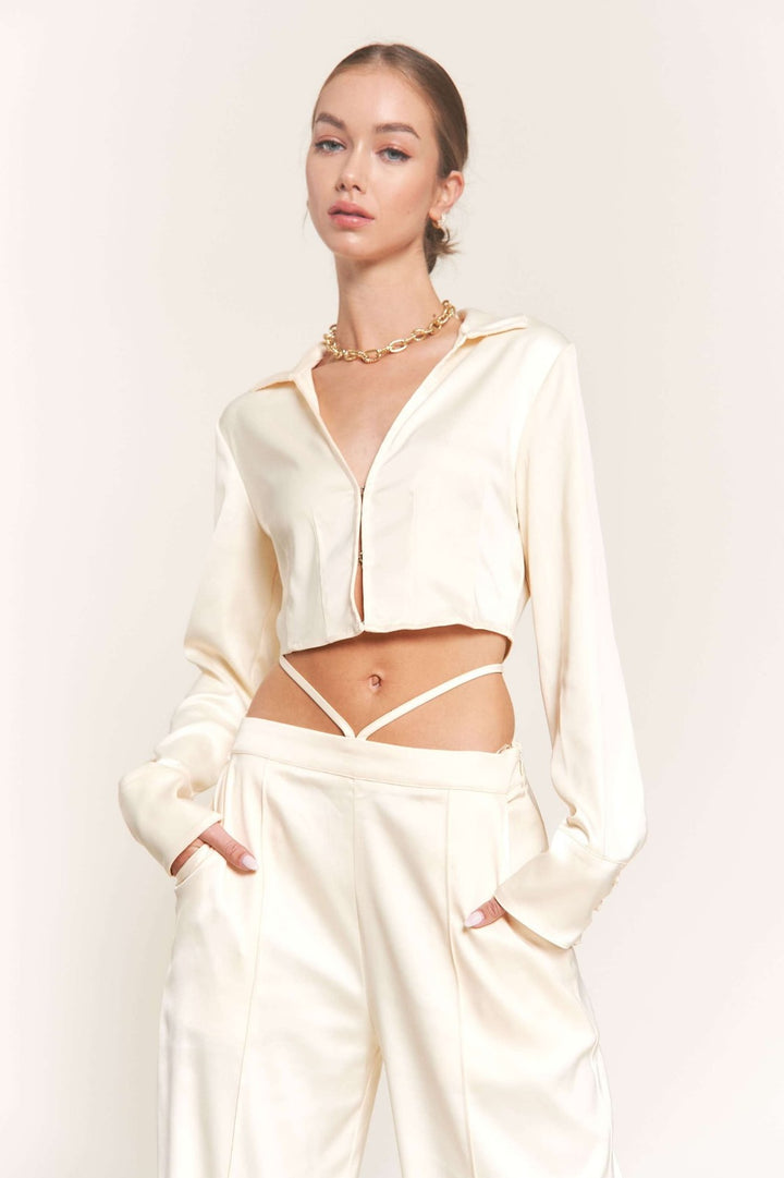 IVORY LONG SLEEVES CROP TOP AND PANTS SET T8723