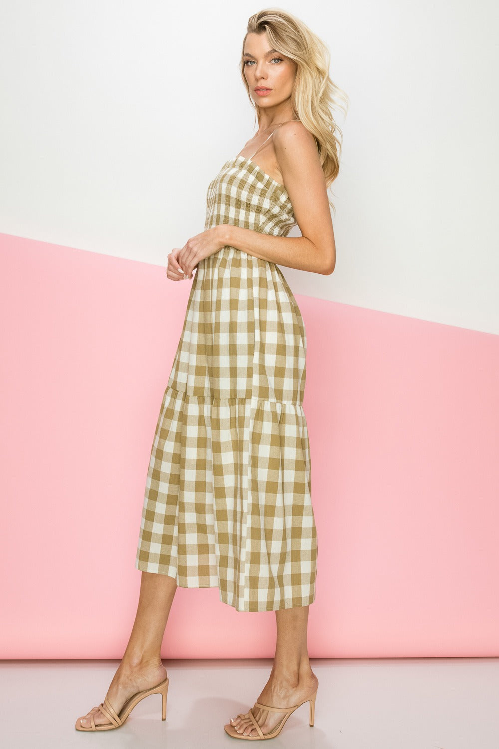 SAGE GINGHAM SPAGHETTI STRAP MIDI DRESS ID4084