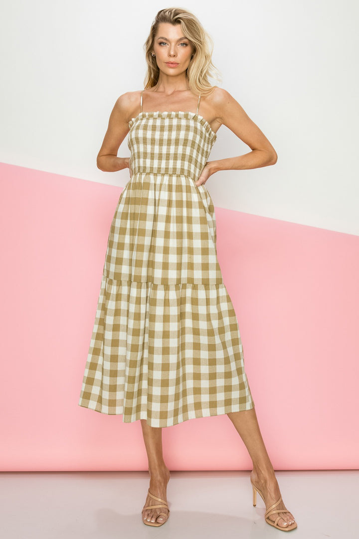 SAGE GINGHAM SPAGHETTI STRAP MIDI DRESS ID4084