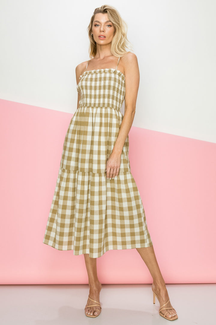 SAGE GINGHAM SPAGHETTI STRAP MIDI DRESS ID4084