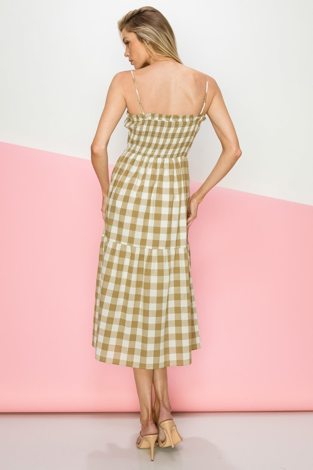 SAGE GINGHAM SPAGHETTI STRAP MIDI DRESS ID4084