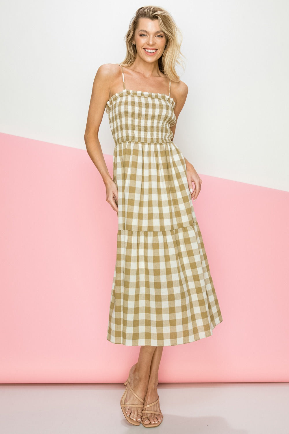 SAGE GINGHAM SPAGHETTI STRAP MIDI DRESS ID4084