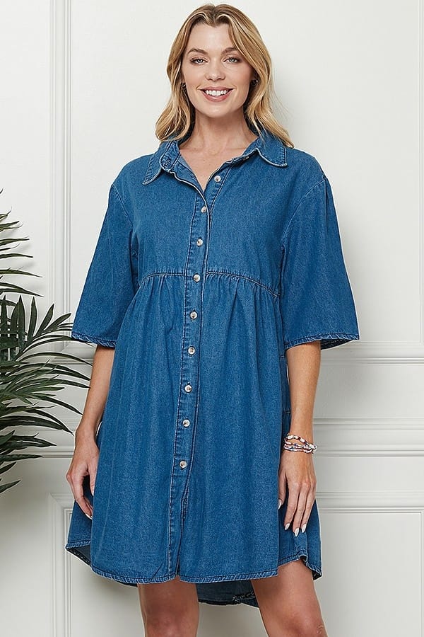 DENIM BLUE SHORT SLEEVES TURN DOWN COLLAR BUTTONED PLUS SIZE MINI DRESS CSP9216P