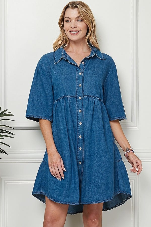 DENIM BLUE SHORT SLEEVES TURN DOWN COLLAR BUTTONED PLUS SIZE MINI DRESS CSP9216P