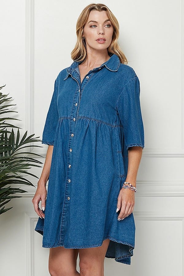 DENIM BLUE SHORT SLEEVES TURN DOWN COLLAR BUTTONED PLUS SIZE MINI DRESS CSP9216P