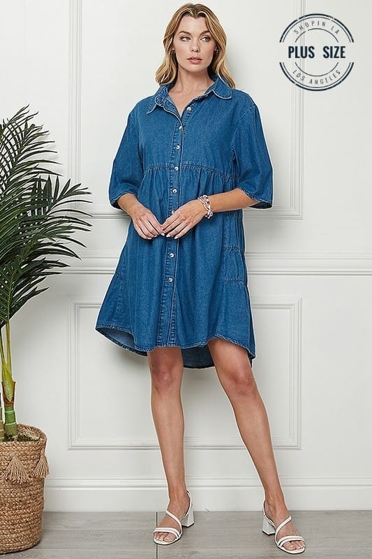 DENIM BLUE SHORT SLEEVES TURN DOWN COLLAR BUTTONED PLUS SIZE MINI DRESS CSP9216P