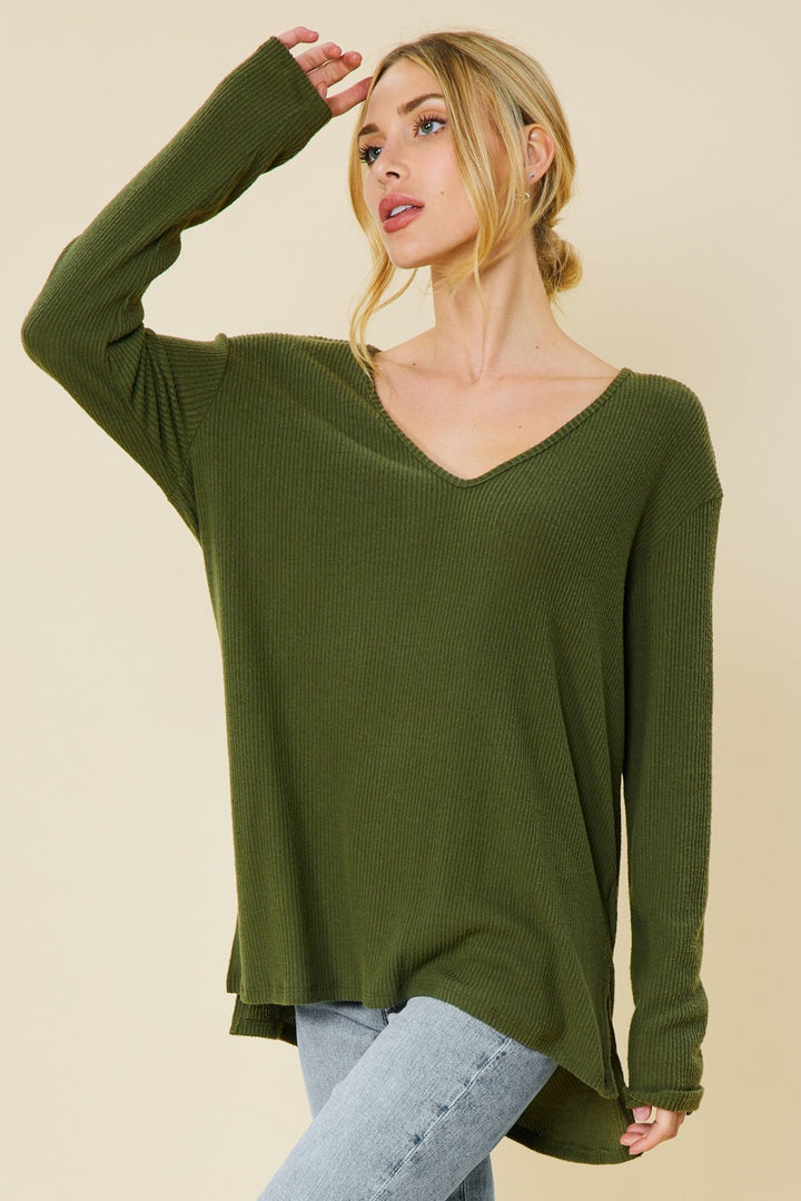 OLIVE V-NECK SOFT TOUCH RIB KNIT TOP FSLST3067