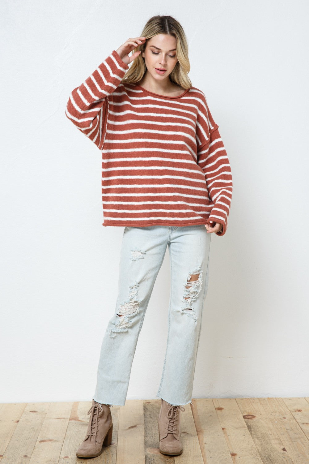 RUST STRIPE RIBBED LONG SLEEVES KNIT SWEATER  SW7520