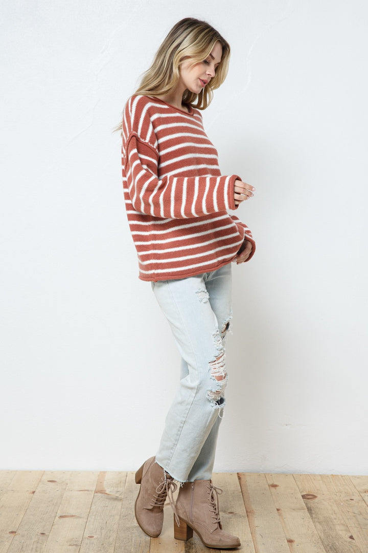 RUST STRIPE RIBBED LONG SLEEVES KNIT SWEATER  SW7520