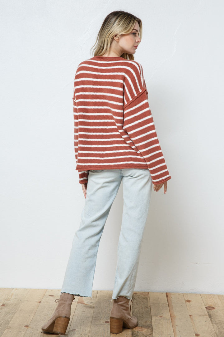 RUST STRIPE RIBBED LONG SLEEVES KNIT SWEATER  SW7520