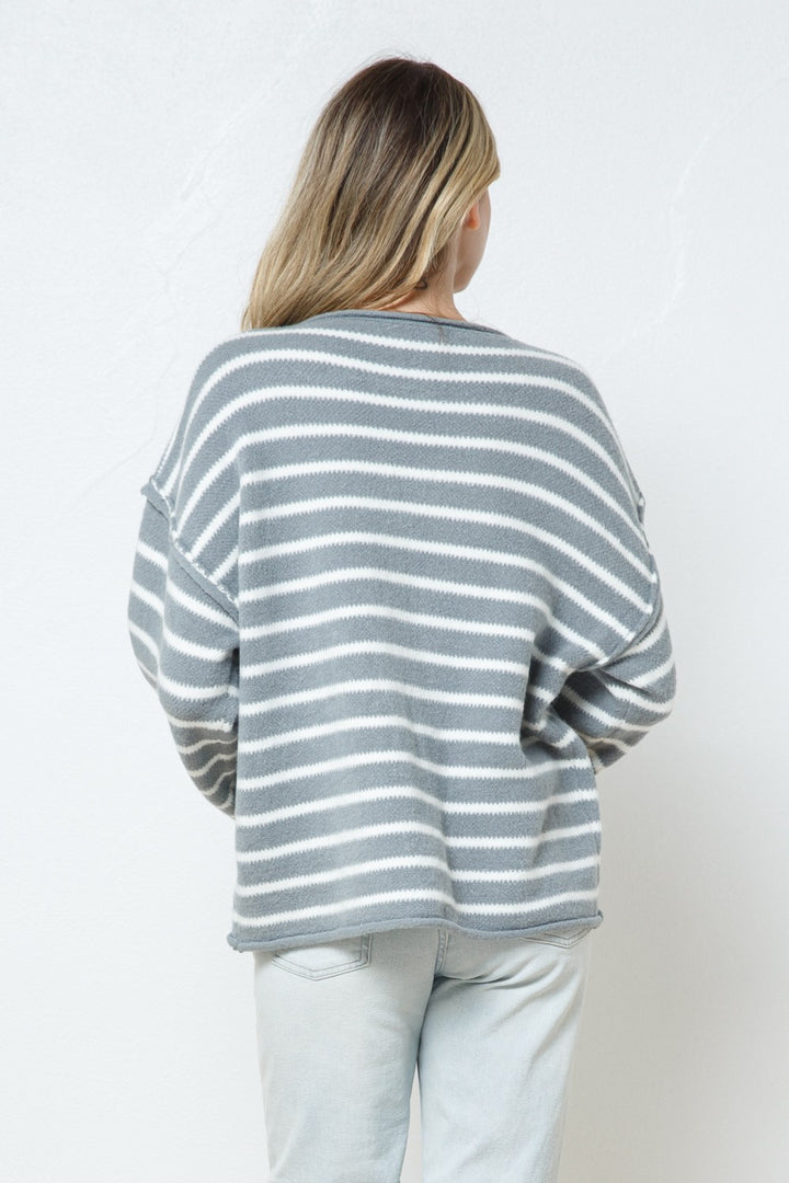 HEATHER GREY STRIPE RIBBED LONG SLEEVES KNIT SWEATER SW7520