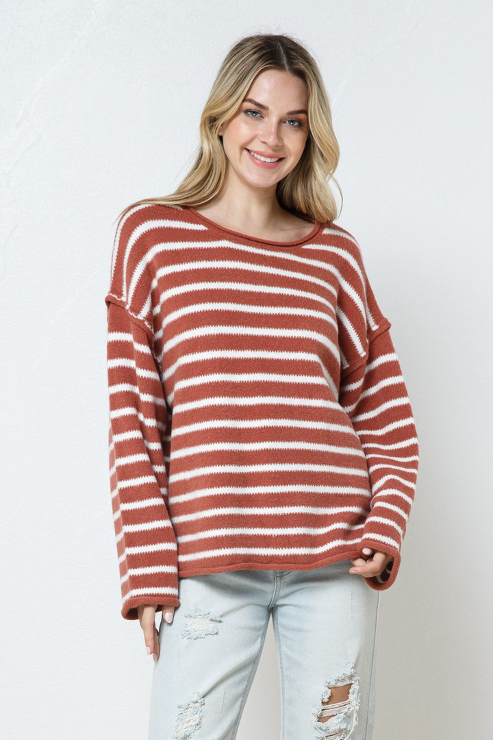 RUST STRIPE RIBBED LONG SLEEVES KNIT SWEATER  SW7520