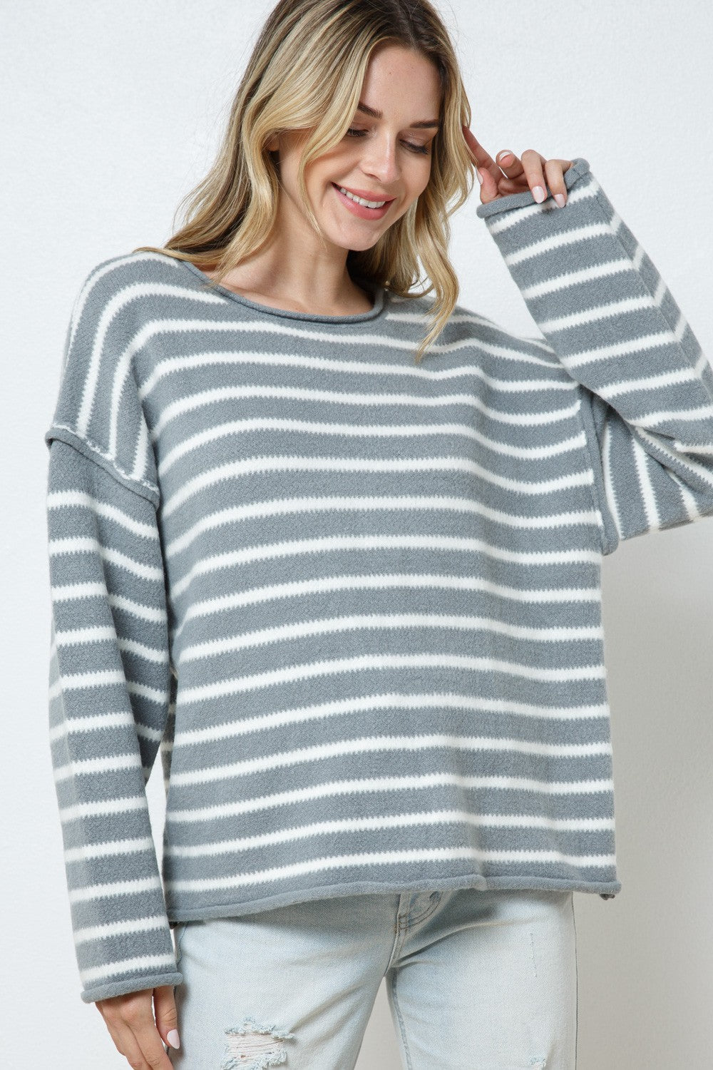 HEATHER GREY STRIPE RIBBED LONG SLEEVES KNIT SWEATER SW7520