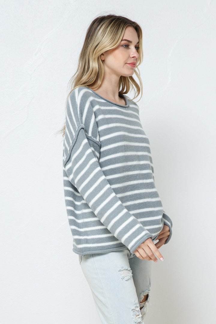 HEATHER GREY STRIPE RIBBED LONG SLEEVES KNIT SWEATER SW7520