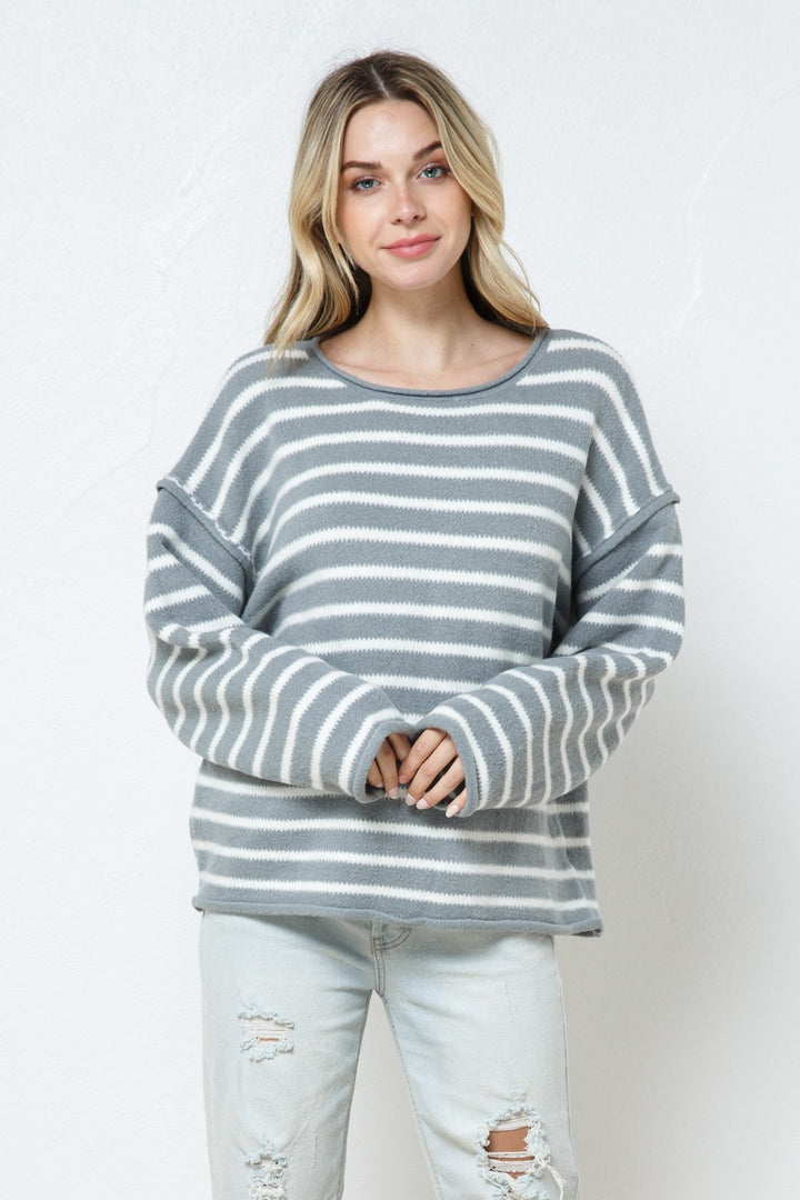 HEATHER GREY STRIPE RIBBED LONG SLEEVES KNIT SWEATER SW7520