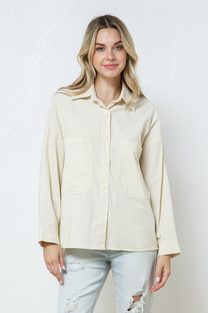 IVORY COTTON COLLARED PATCH POCKET SHIRT TOP T7649