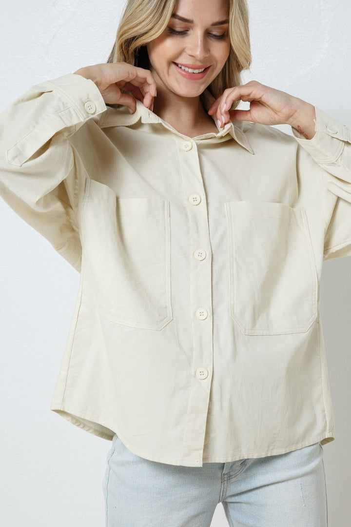 IVORY COTTON COLLARED PATCH POCKET SHIRT TOP T7649