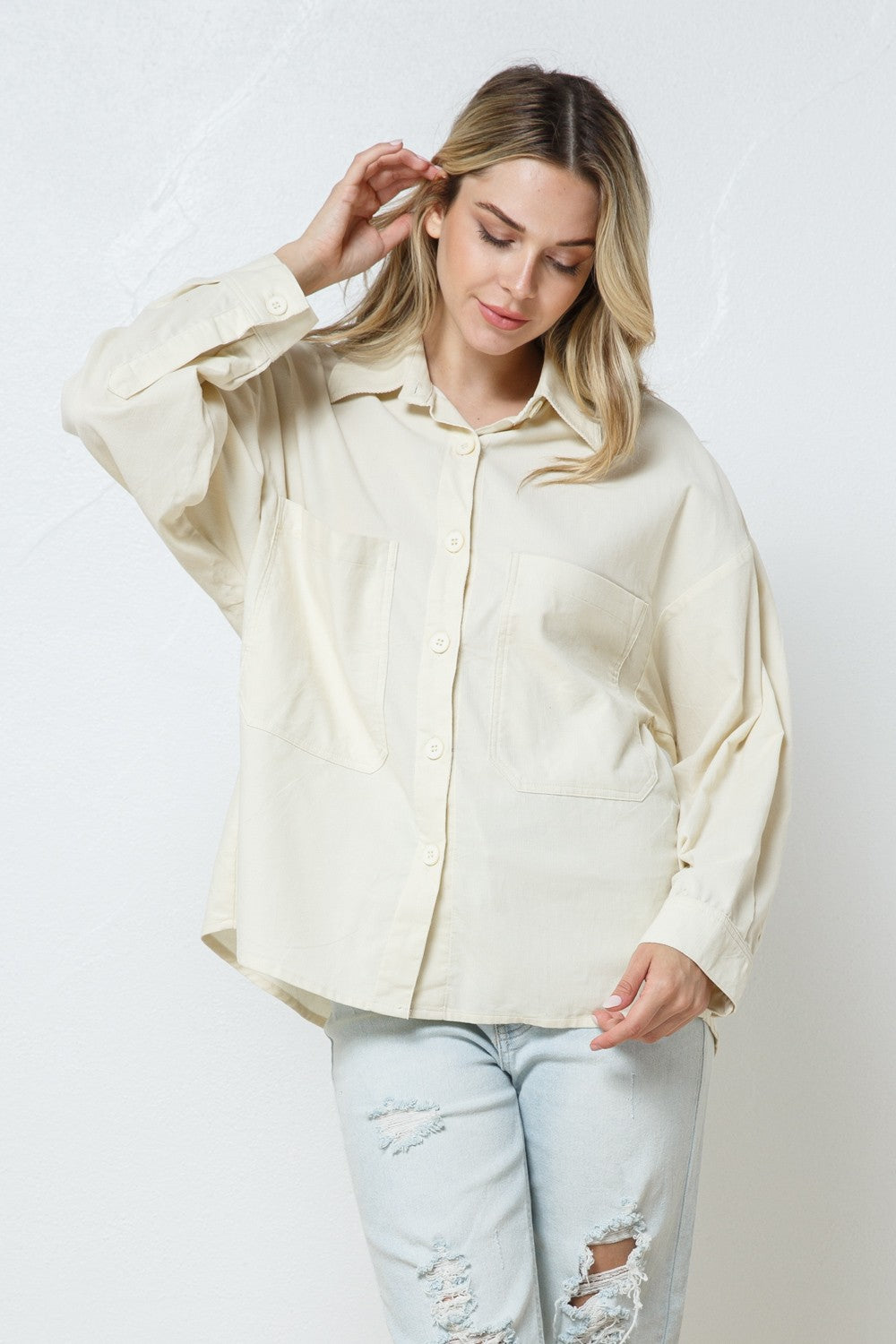 IVORY COTTON COLLARED PATCH POCKET SHIRT TOP T7649