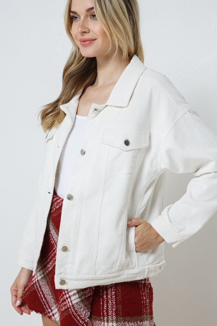 IVORY CORDUROY COLLARED BUTTON DOWN JACKET JK7763