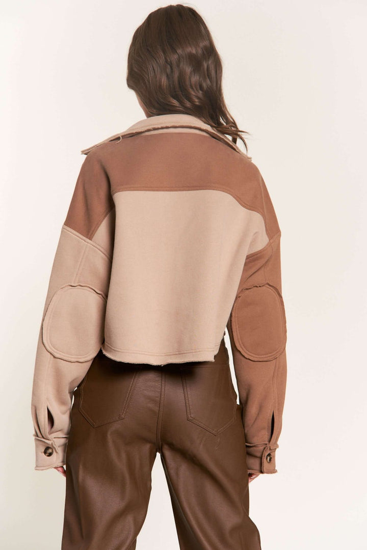 BROWN  COLLARED LONG SLEEVES CROP JACKET SNJK8862P