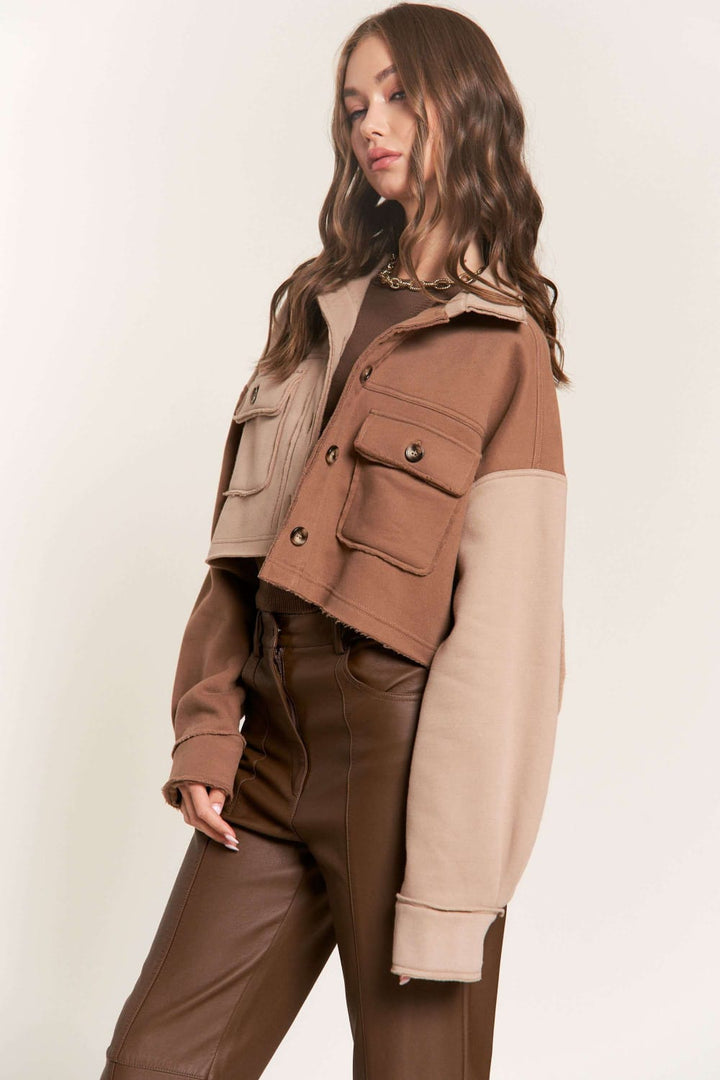 BROWN  COLLARED LONG SLEEVES CROP JACKET SNJK8862P