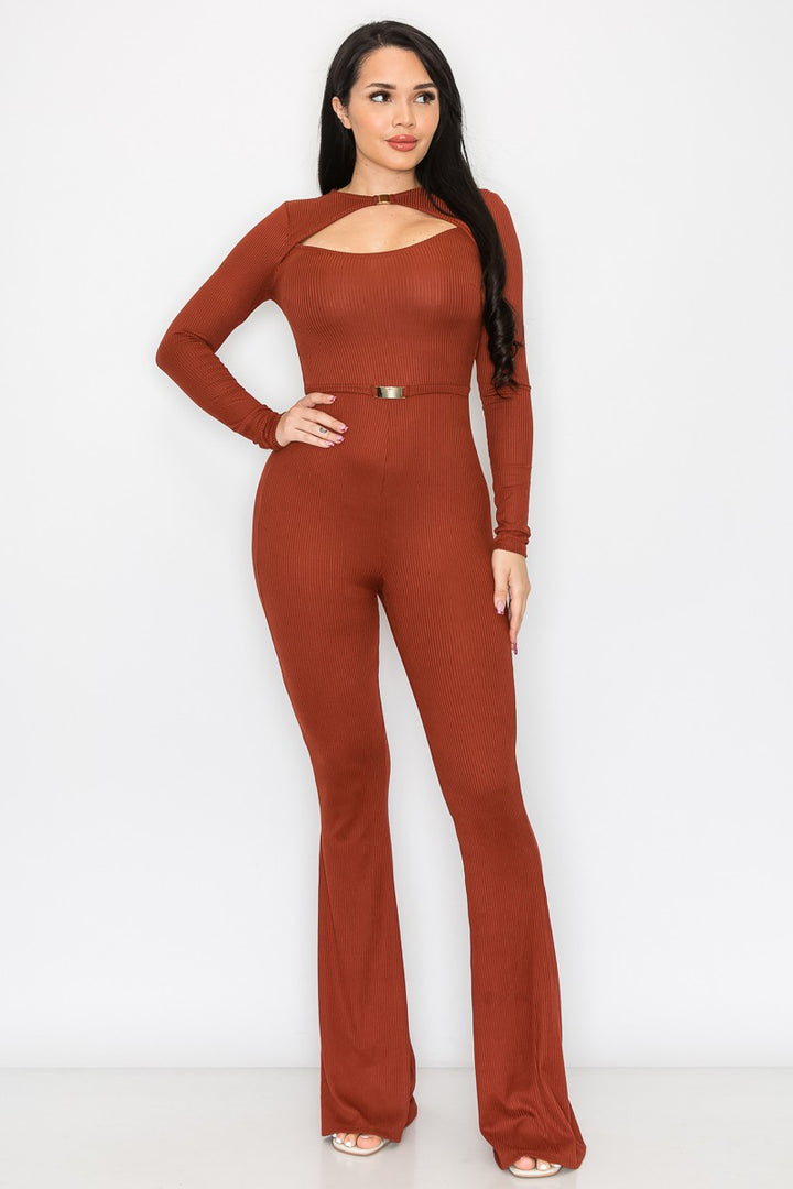 RUST BLUSH RIB BUCKLE WAIST DETAILED JUMPSUIT SP9792J