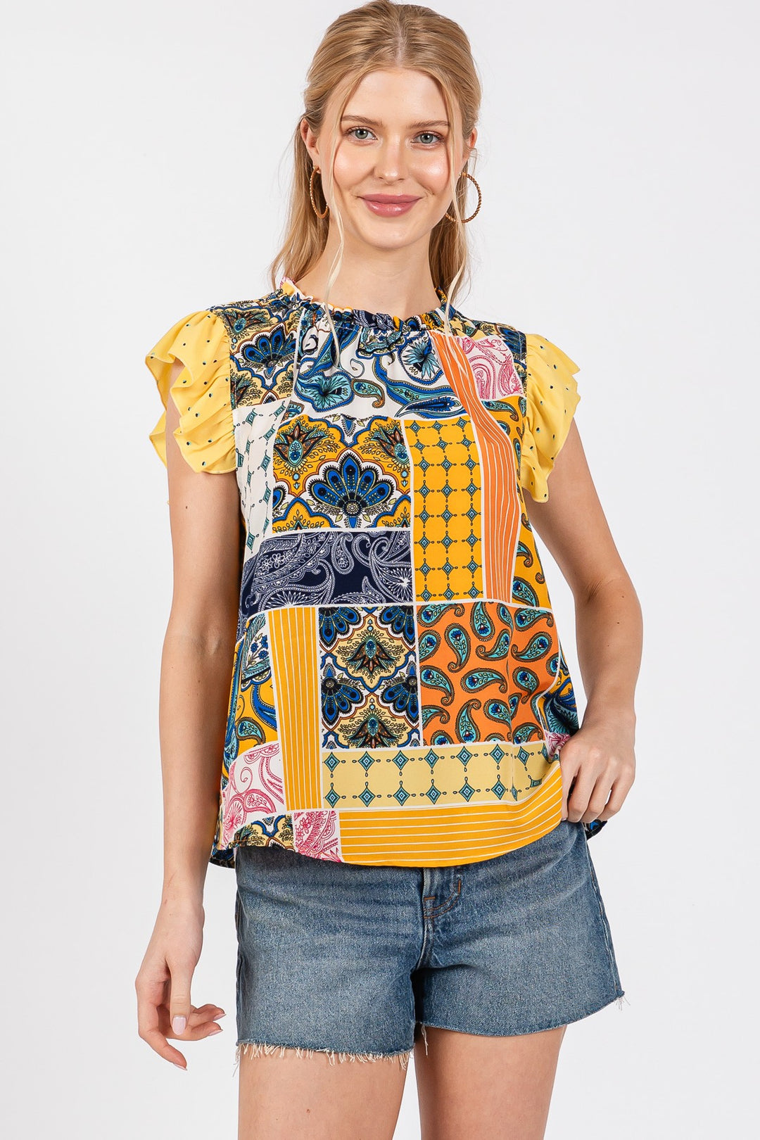 YELLOW MULTI BOHEMIAN RUFFLED SLEEVELESS TOP CFTT3612NPB