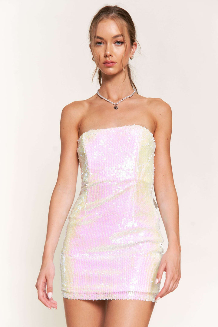 WHITE SEQUIN BOW BACK DETAILED SLEEVELESS  MINI DRESS IBDW9724