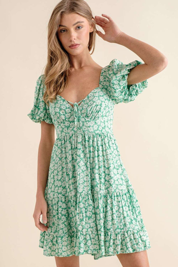 GREEN V-NECK PUFF SHORT SLEEVES RUFFLED MINI DRESS IBD9474