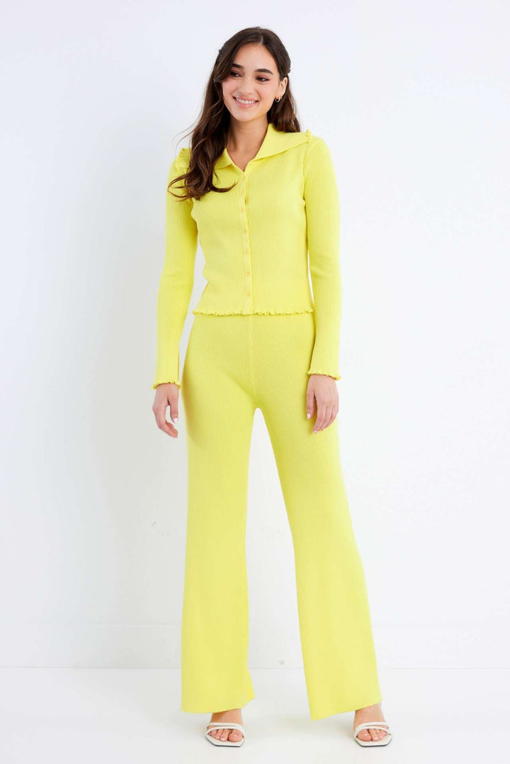 YELLOW COLLARED KNIT TOP AND PANTS SET RRAC002S