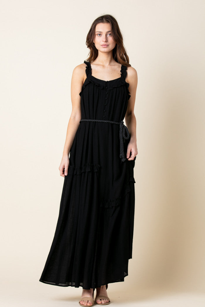 BLACK ASYMMETRIC SELF-TIE ROPE BELT RUFFLED MAXI DRESS MDR8420