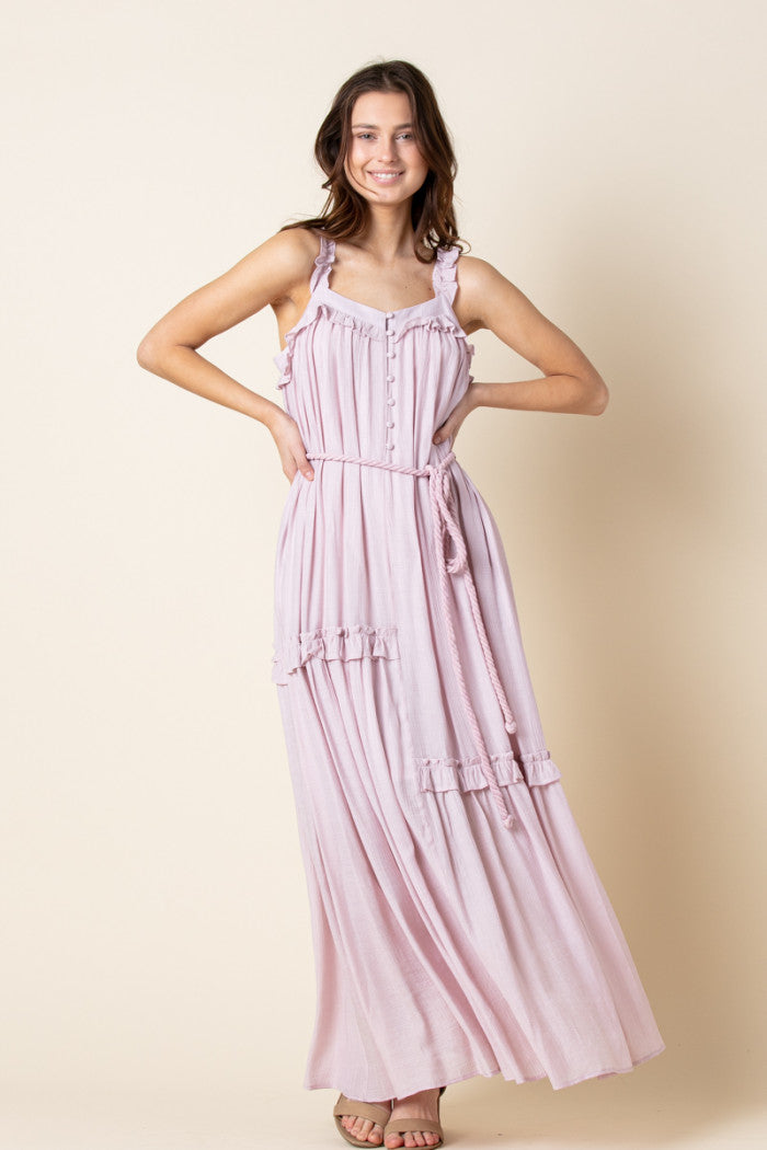 PINK ASYMMETRIC SELF-TIE ROPE BELT RUFFLED MAXI DRESS MDR8420