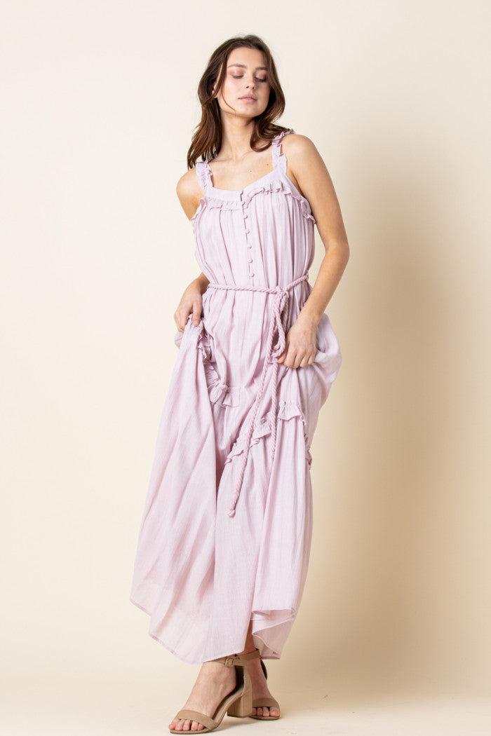 PINK ASYMMETRIC SELF-TIE ROPE BELT RUFFLED MAXI DRESS MDR8420