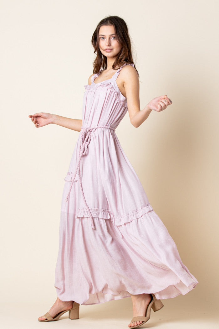 PINK ASYMMETRIC SELF-TIE ROPE BELT RUFFLED MAXI DRESS MDR8420