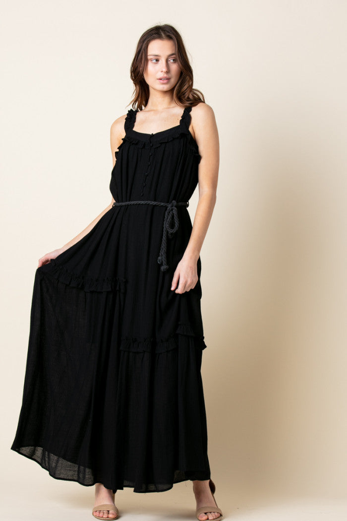 BLACK ASYMMETRIC SELF-TIE ROPE BELT RUFFLED MAXI DRESS MDR8420