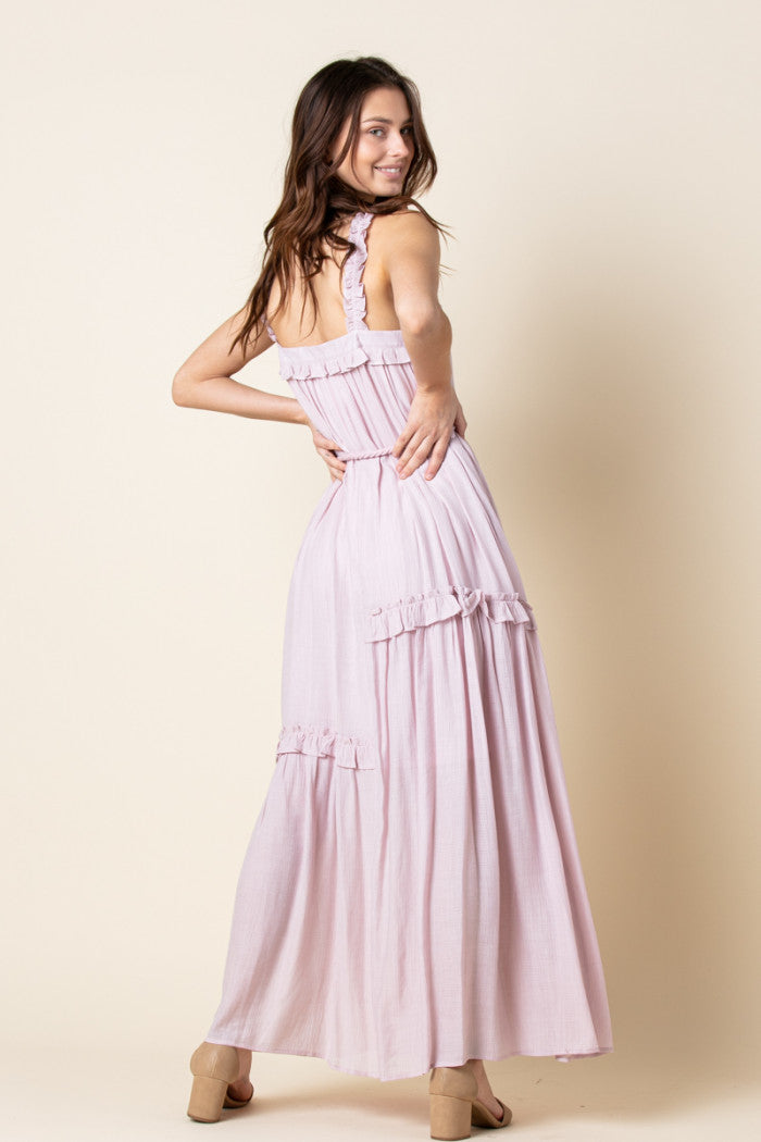 PINK ASYMMETRIC SELF-TIE ROPE BELT RUFFLED MAXI DRESS MDR8420