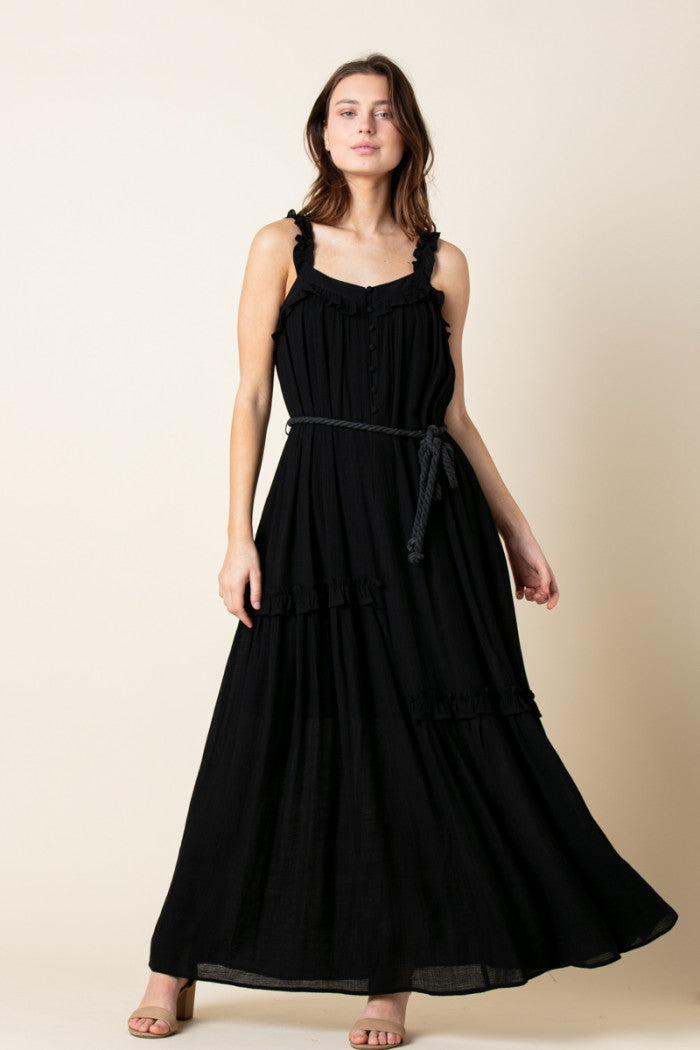 BLACK ASYMMETRIC SELF-TIE ROPE BELT RUFFLED MAXI DRESS MDR8420