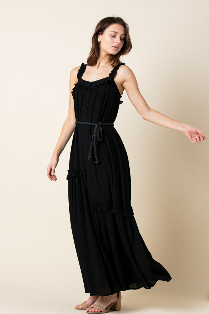 BLACK ASYMMETRIC SELF-TIE ROPE BELT RUFFLED MAXI DRESS MDR8420