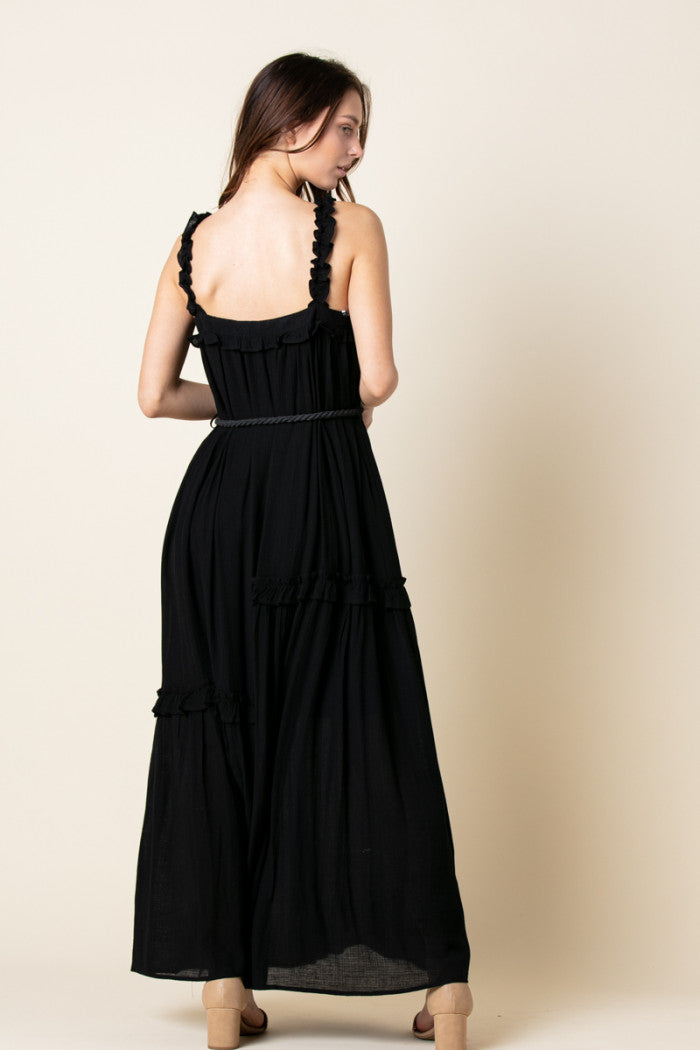 BLACK ASYMMETRIC SELF-TIE ROPE BELT RUFFLED MAXI DRESS MDR8420