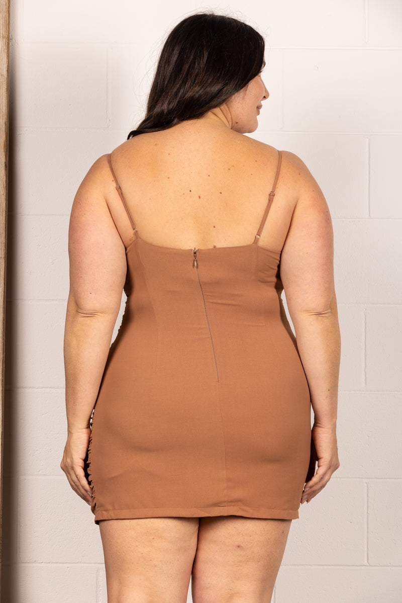 MOCHA RUCHED SPAGHETTI STRAP PLUS SIZE MINI DRESS D3659SX