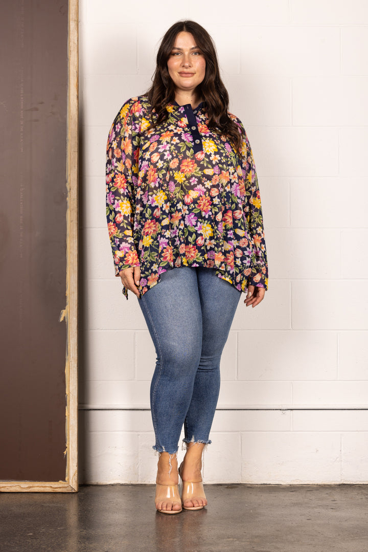 NAVY MANDARIN COLLAR FLORAL PRINT PLUS SIZE TOP T7538