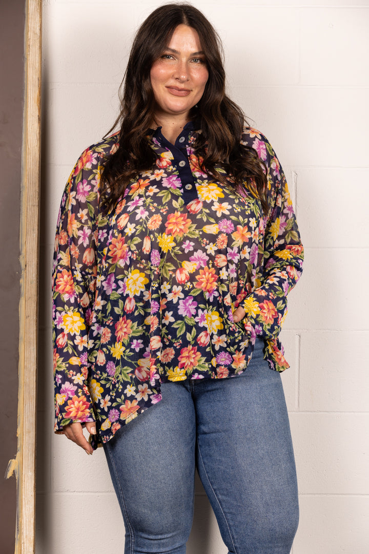 NAVY MANDARIN COLLAR FLORAL PRINT PLUS SIZE TOP T7538