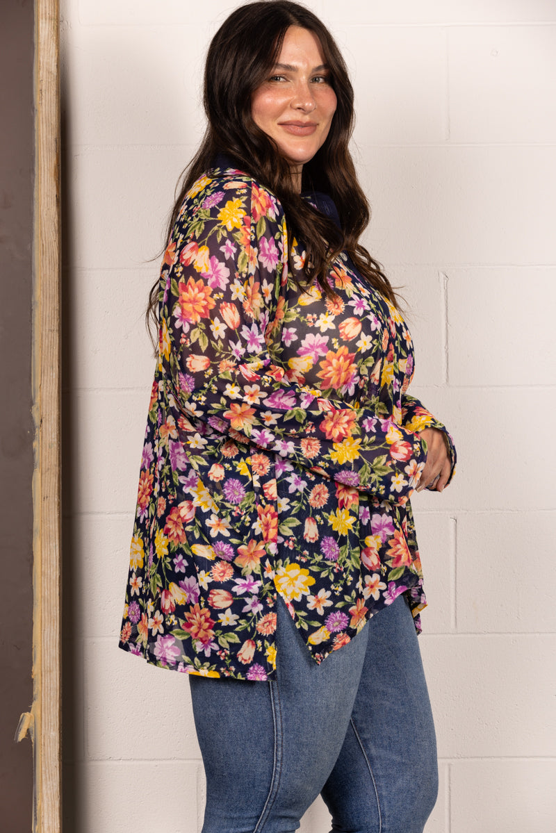 NAVY MANDARIN COLLAR FLORAL PRINT PLUS SIZE TOP T7538