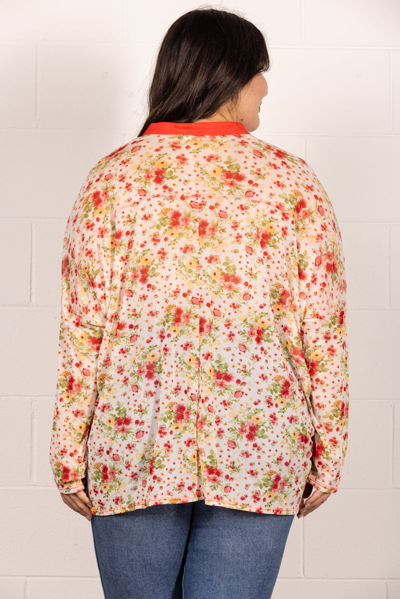 RED MANDARIN COLLAR FLORAL PRINT PLUS SIZE TOP T7538