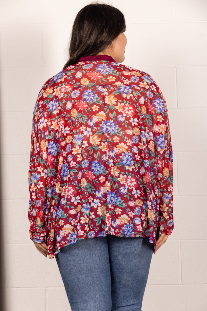 BURGANDY MANDARIN COLLAR FLORAL PRINT PLUS SIZE TOP T7538