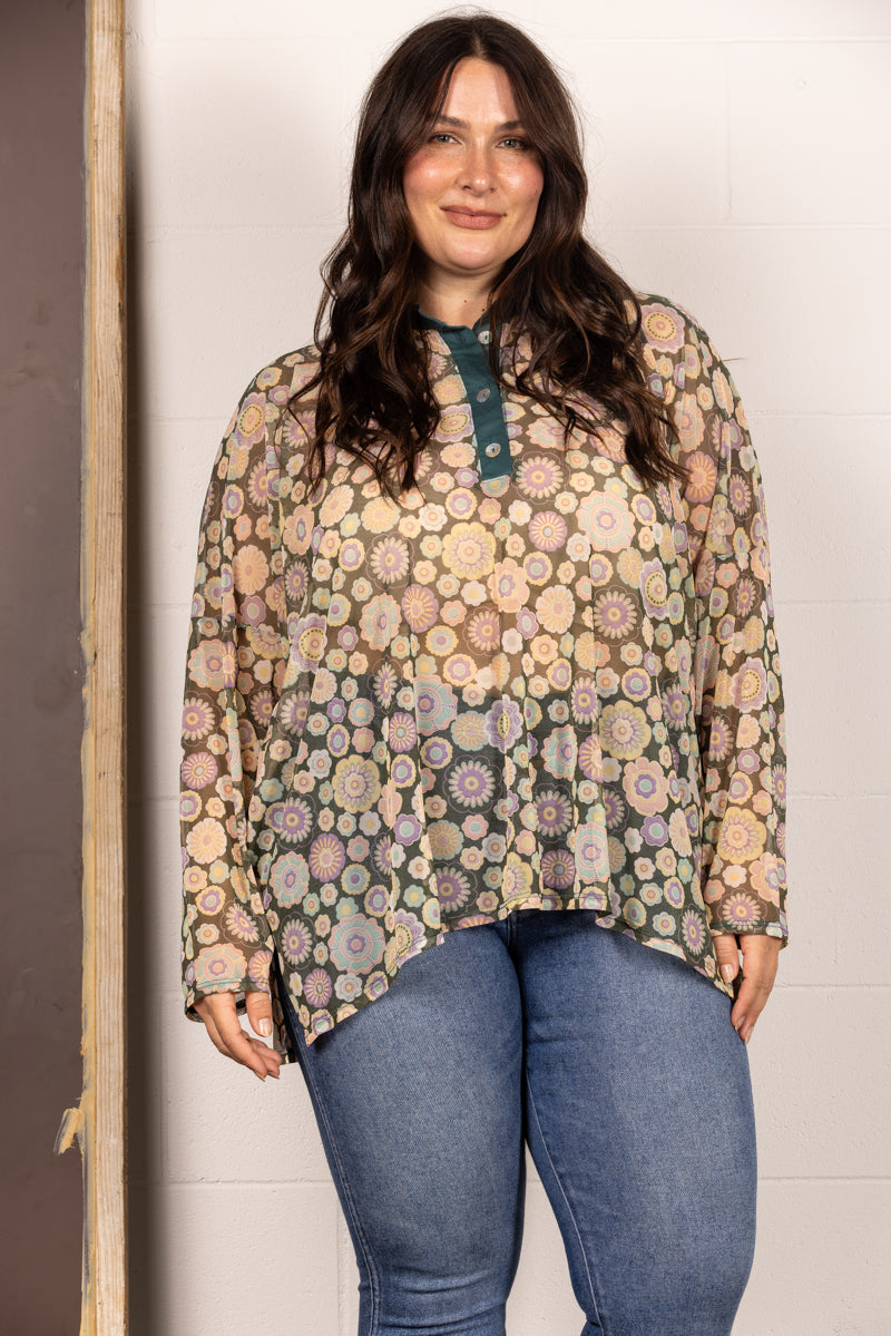 GREEN MANDARIN COLLAR FLORAL PRINT PLUS SIZE TOP T7538