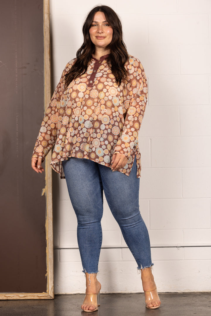 T7538-Wholesale BROWN MANDARIN COLLAR FLORAL PRINT PLUS SIZE TOP