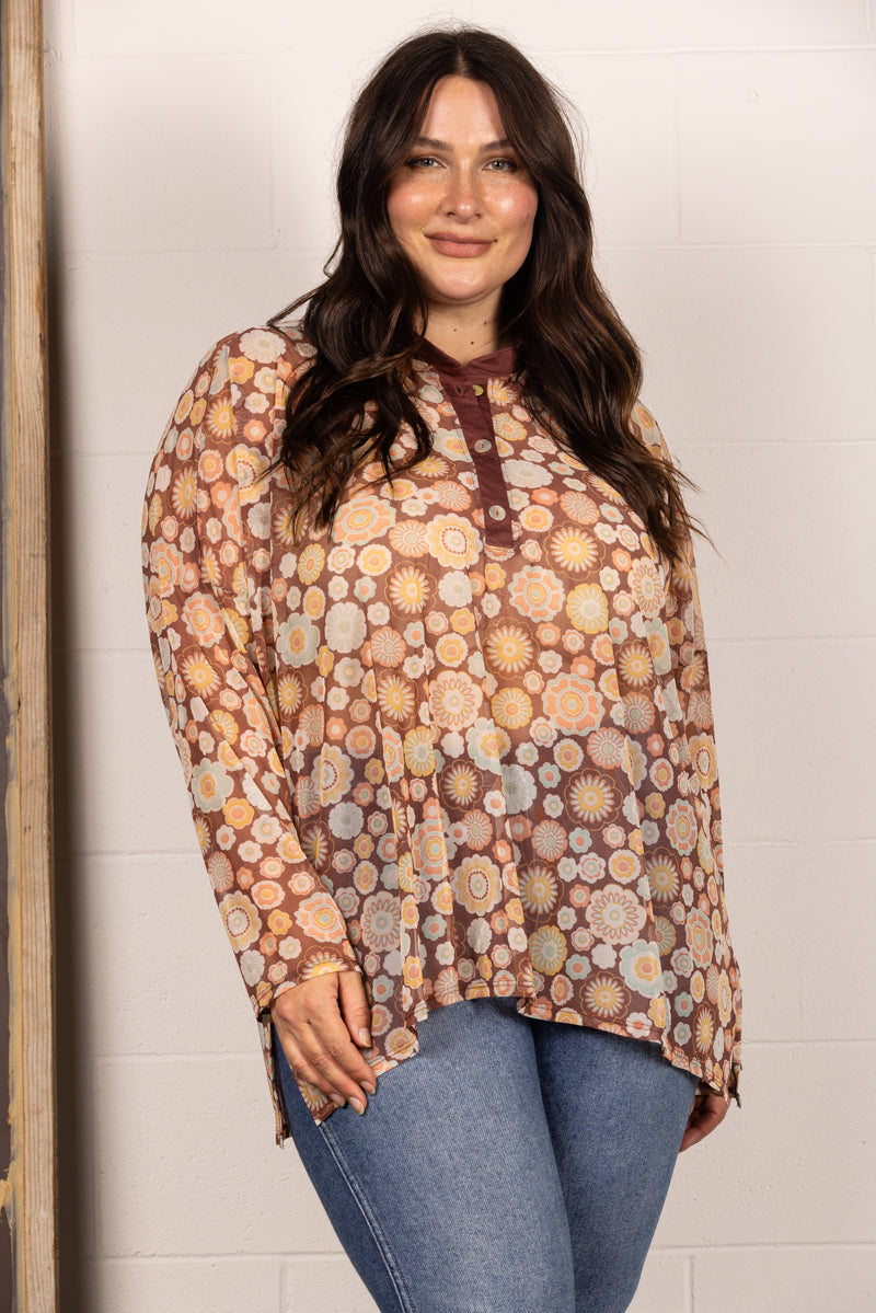 BROWN MANDARIN COLLAR FLORAL PRINT PLUS SIZE TOP T7538