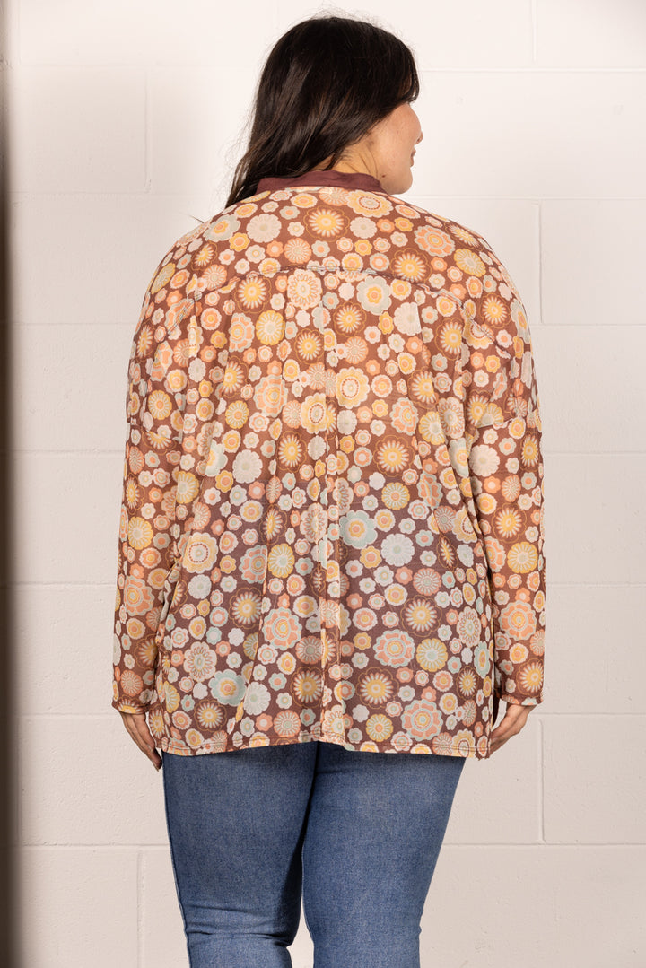 BROWN MANDARIN COLLAR FLORAL PRINT PLUS SIZE TOP T7538